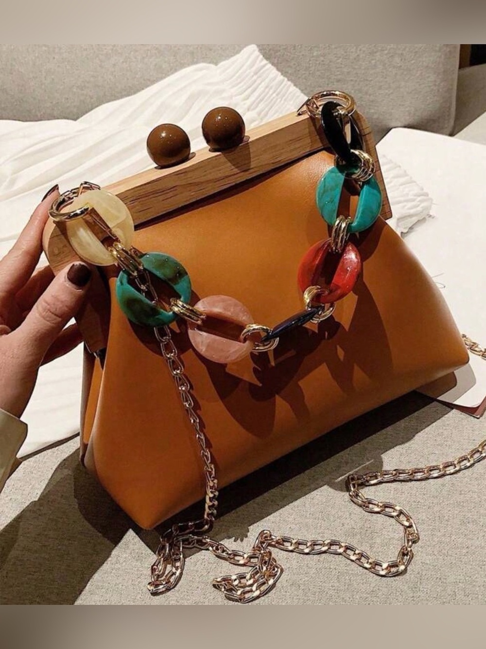 Retro beaded bag crossbody shoulder handbag purse wood magnetic clutch leather